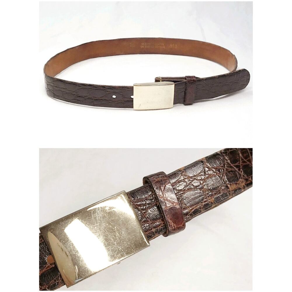 Vintage Genuine Alligator Leather Belt Knothe Brushed Gold Tone Plaque Buckle